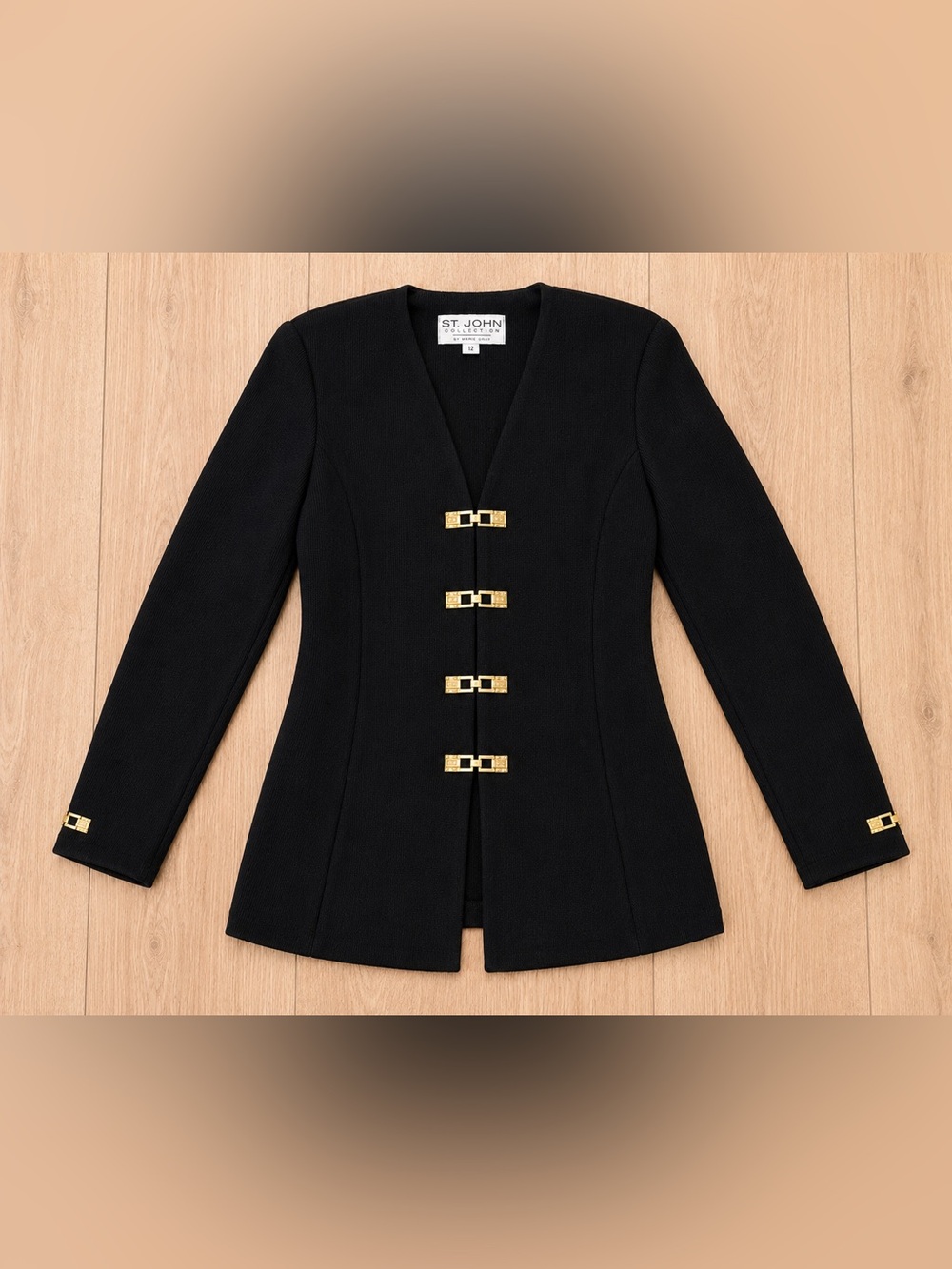 St. John Collection by Marie Gray Black Knit Blazer Gold Buckle Closures Size 12